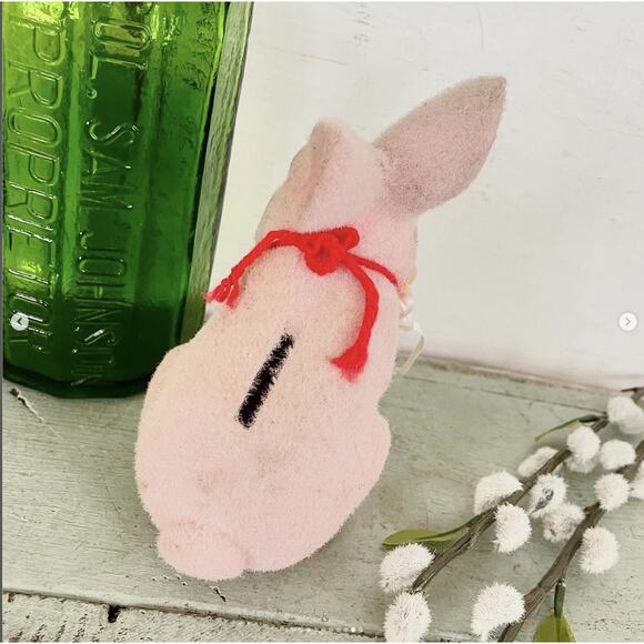 Vintage Flocked Fuzzy Easter Bunny Pink OR Blue Bank Glass Plastic Eye BOTH - Picture 10 of 10